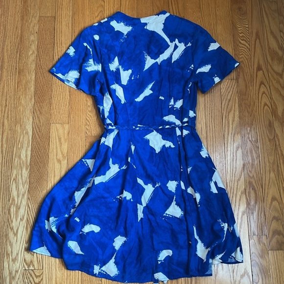 Nine West Flutter Sleeve Button Front Godet Dress Santorini Blue Rayon Linen Med - Picture 6 of 6